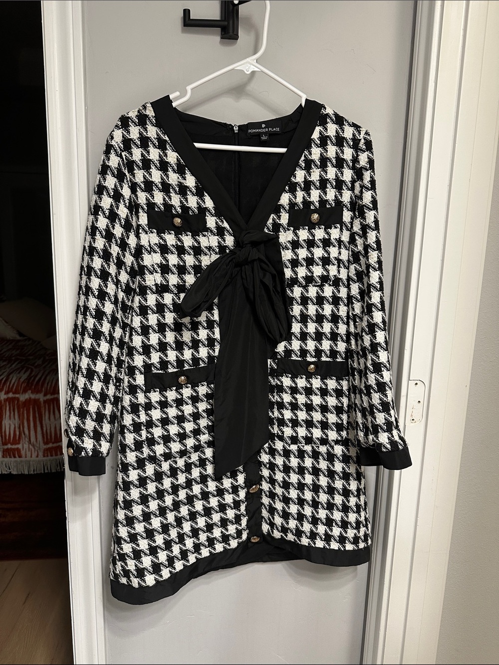 Pomander Place Black & White Houndstooth Tie-Neck Long Sleeve Dress